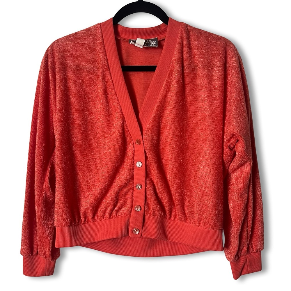 Edith Flagg Vintage Terry Knit Button Cardigan Salmon Orange 70s Sz. M‎
